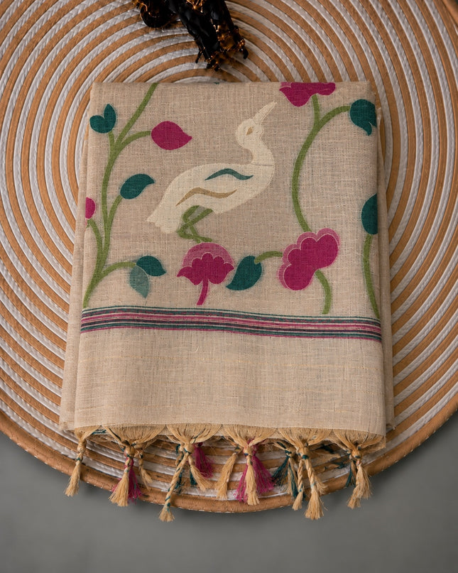 Cotton Chanderi Jamdani Saree with Checks Design and floral Print  Border - Cream & Pink