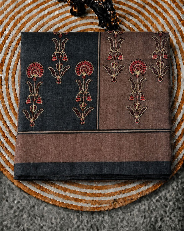 Tusser Saree With Floral Print With Ari Work  Contrast Border - Red