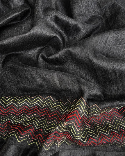 Jute Tusser Silk Saree With Cross Stich Work Border- Black