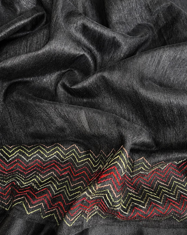 Jute Tusser Silk Saree With Cross Stich Work Border- Black