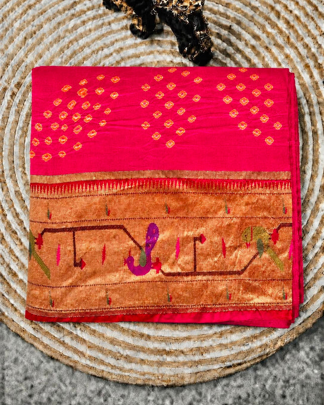 Bhandni Saree with Paithani Saree Border - Pink