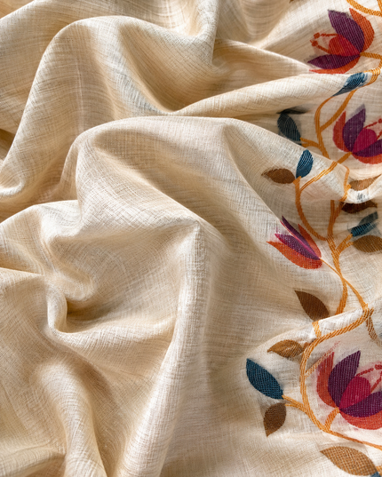 Jamdani saree with Allover Floral Design with Tassels -  Cream