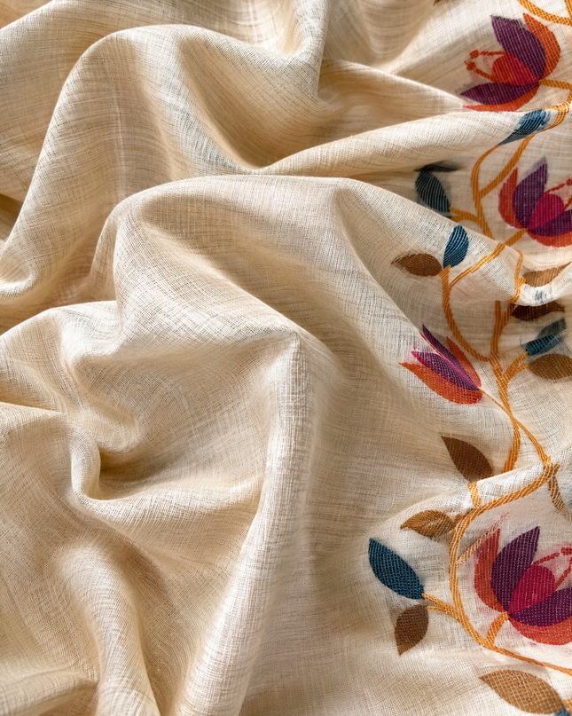 Jamdani saree with Allover Floral Design with Tassels -  Cream