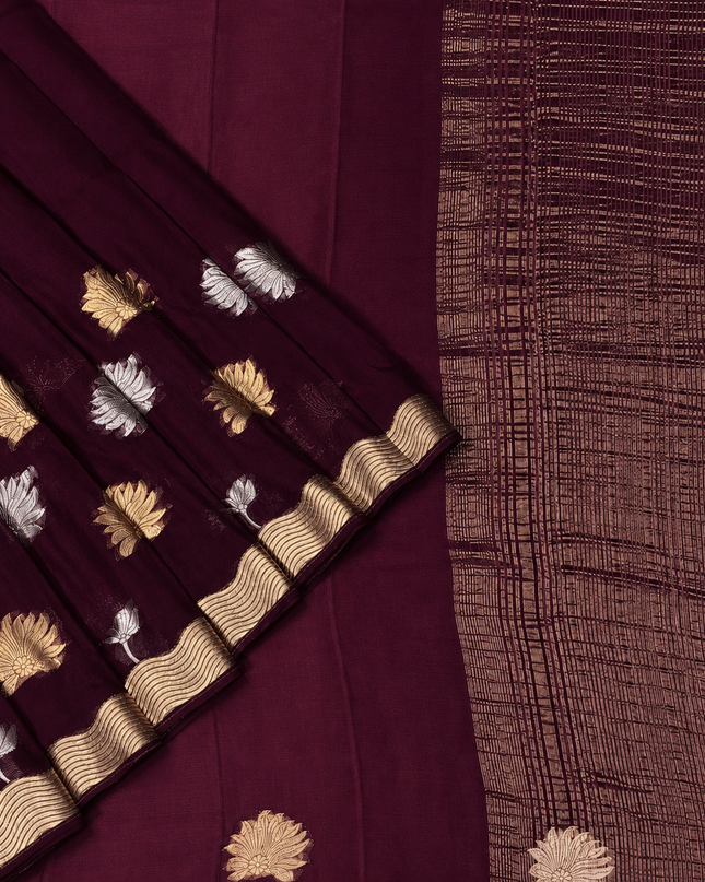 Wrinkle crepe saree with Gold and Silver Zari Butties with Golden Zari Border - Wine
