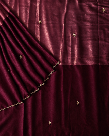 Space silk saree with Allover Karahan Butties Pearl Work and Scallop Border   - Cream & Purple