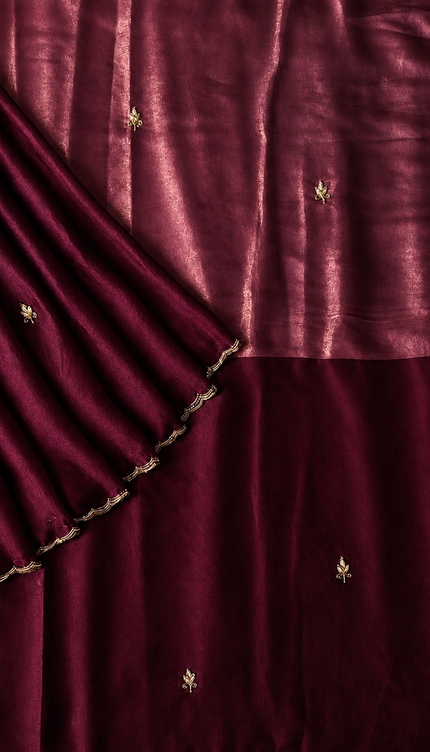 Space silk saree with Allover Karahan Butties Pearl Work and Scallop Border   - Cream & Purple