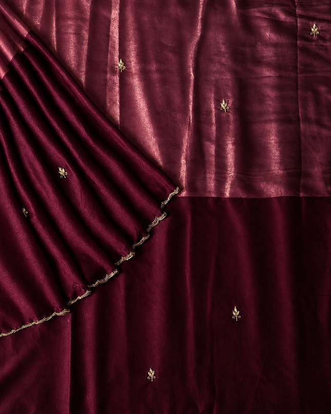 Space silk saree with Allover Karahan Butties Pearl Work and Scallop Border   - Cream & Purple