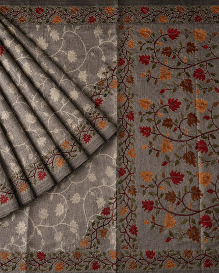 Tusser Silk Saree With Ari work and Floral Print and Contrast  Border - Grey