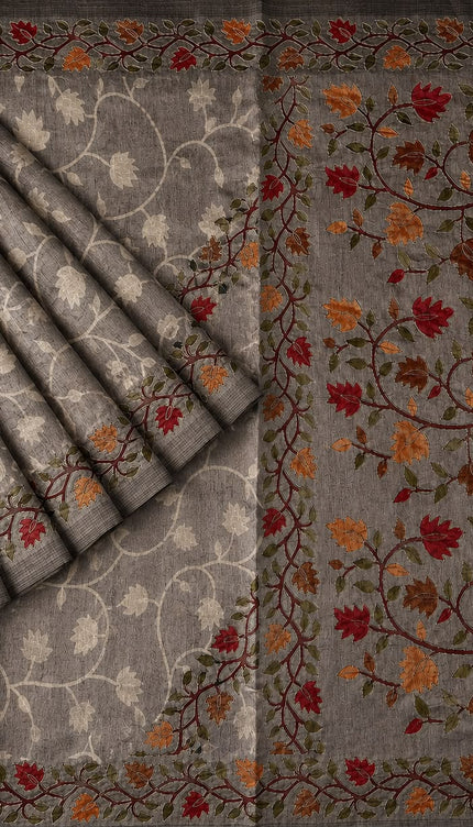 Tusser Silk Saree With Ari work and Floral Print and Contrast  Border - Grey