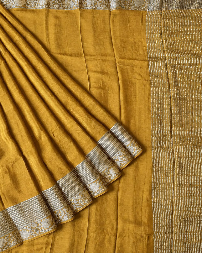 Crepe Saree with Gold Zari  Weaving Border  - Mustard