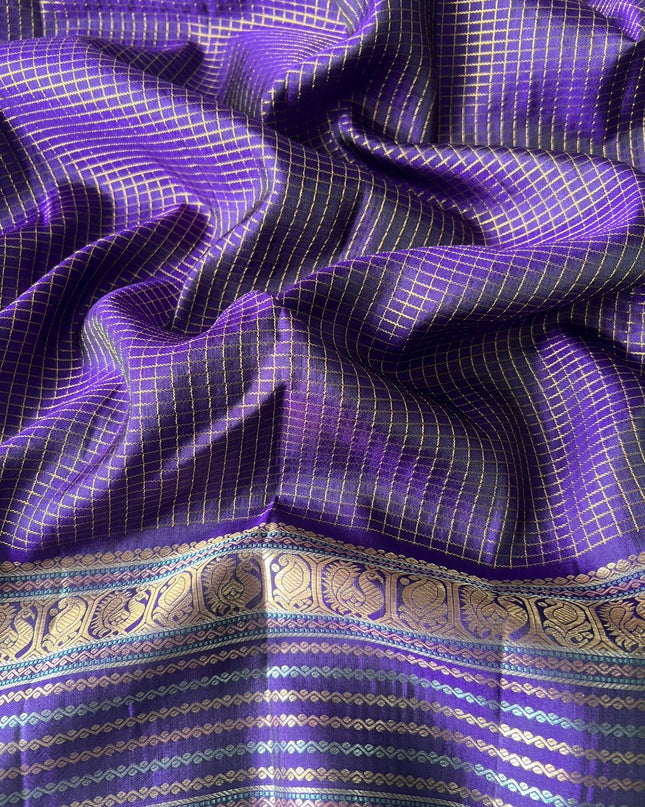Pure Pattu Saree With Golden Check Weaving and Flower Buttes and Gap Border -Violet