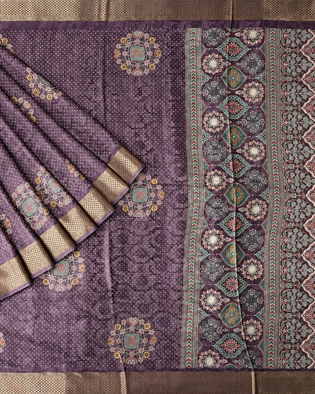 Tusser Silk Saree With Bhandni Print and Golden Border -  Light Purple