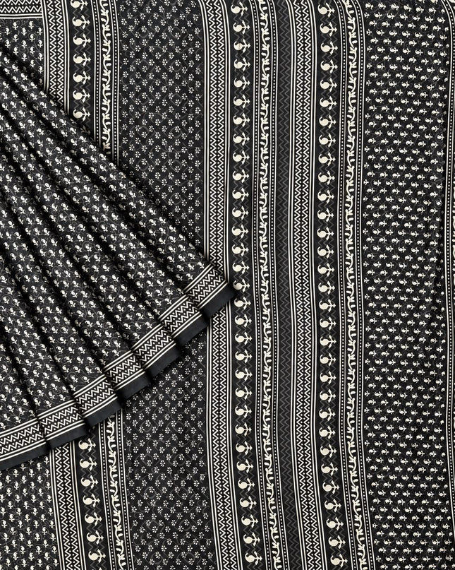 mul Cotton Saree with  Block Printed -Black