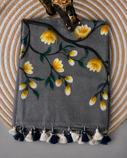Mul cotton saree with Hand Painting  -  Grey
