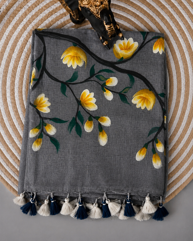 Mul cotton saree with Hand Painting  -  Grey