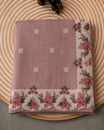 Linen Tissue Saree with square boxes Butties and Cross stich Scallop Border - Onion Pink