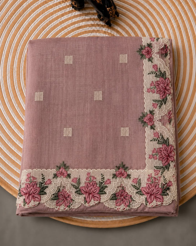 Linen Tissue Saree with square boxes Butties and Cross stich Scallop Border - Onion Pink