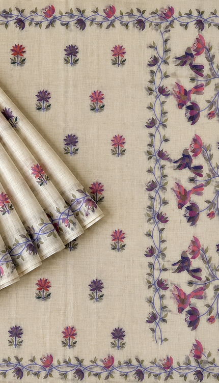 Jamdani saree with Allover Floral Design with Tassels -  Cream & Blue