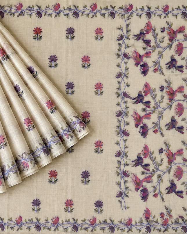 Jamdani saree with Allover Floral Design with Tassels -  Cream & Blue