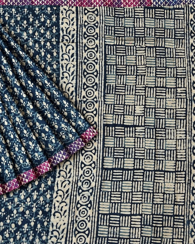 Mul Cotton Saree with Hand Floral Print Border- Blue