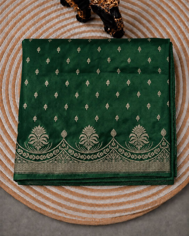 Mashru Banaras saree with All over Gold Zari Weaving Buttes and Zari Scallop Border - Bottle Green