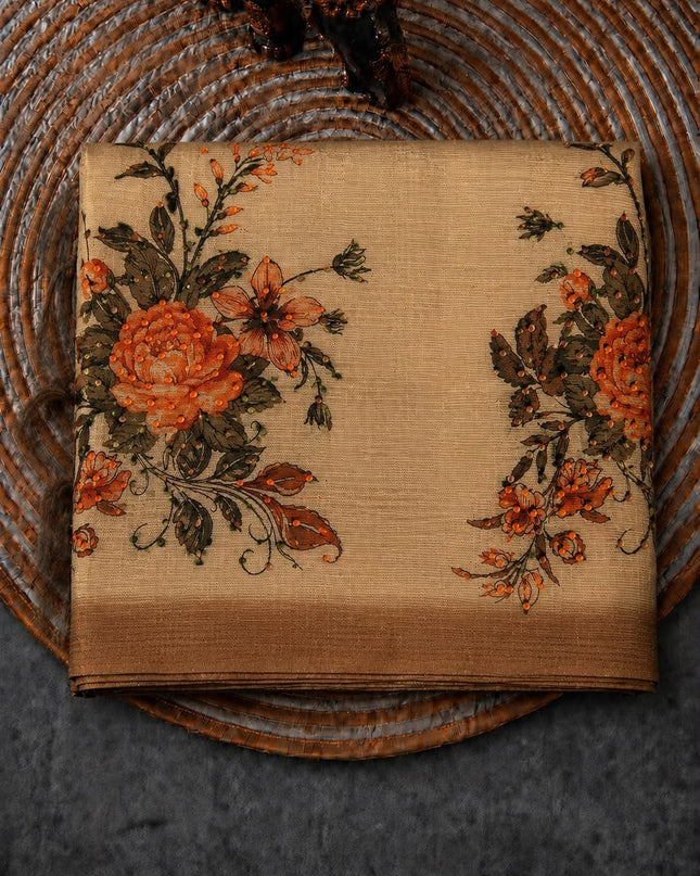 Kota Silk Saree with French Knot Work and Contrast Border  - Brown