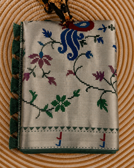 Chanderi  Silk Saree with All over Jamdani weaving style and Muniya border - Bottle Green
