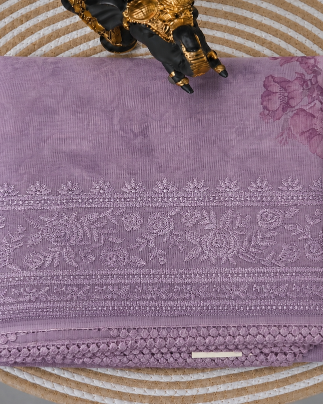 Silk Kota Saree with Floral Print and Thread Embroidery work Border with Lace- Light Purple