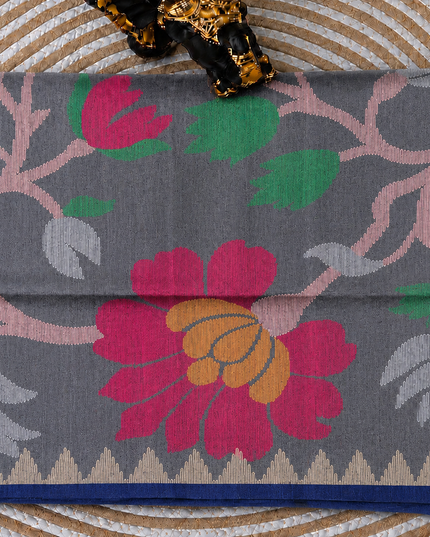 Tusser Jamdani Saree Weaving Butties  With Contrast Border-Grey
