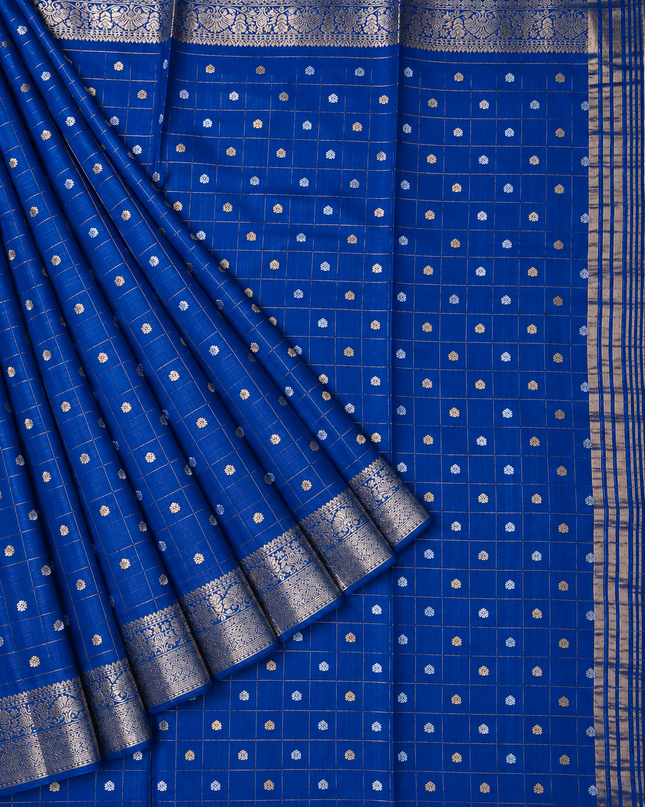 Chinon Silk Saree  with Golden Zari  Weaving Checks Design With Small Butties  Contrast Golden Zari Border -Teal Blue