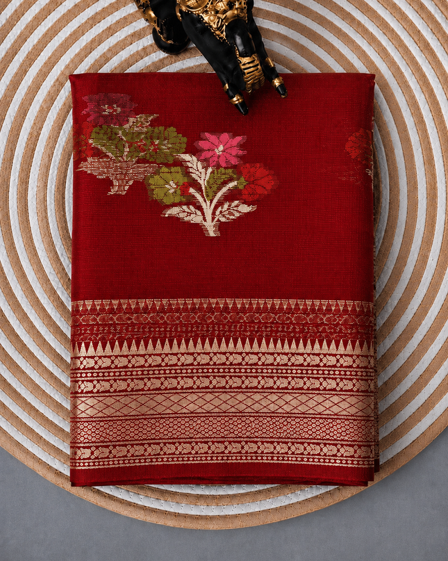 Kota Silk Saree with All over Thread Weaving Flower Butties and Golden Border - Red