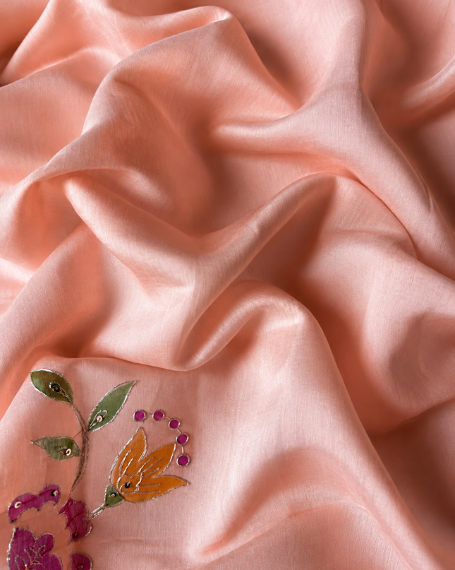 Mul  chanderi saree with  Foral Print and  Ari Work Pearl Border - Peach
