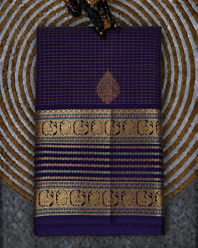 Pure Pattu Saree With Golden Check Weaving and Flower Buttes and Gap Border -Violet