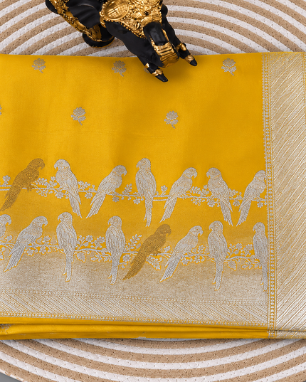 Mashru Banaras saree with Silver butties and Silver Kaddi border - Yellow