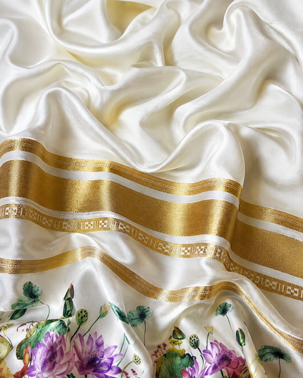 Crepe Saree With Gap Border and  Floral Print -  Mehandi Green