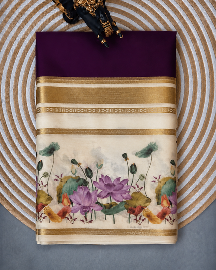 Crepe Saree With Gap Border and  Floral Print -  Violet