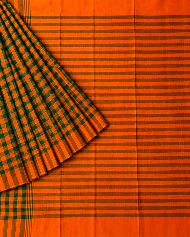 Cotton Saree With Checks Design and Tassels - Orange