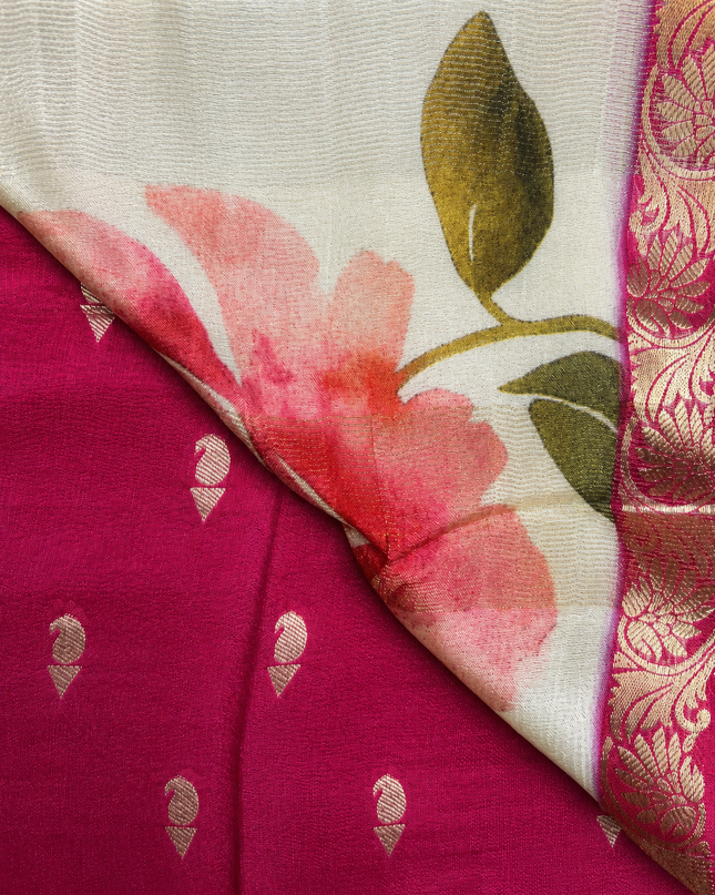 Crepe Silk Saree with  Floral Print with Contrast  Border - Cream & Pink