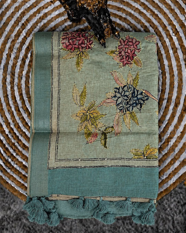 Tusser Silk Saree With Floral Print and Contrast Border - Sage Green