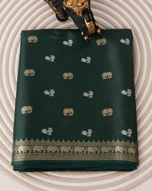 Munga Silk Saree With Gold and Silver Peacock and Elephant Butties Golden  Zari Elephant Design  Border -Bottle Green