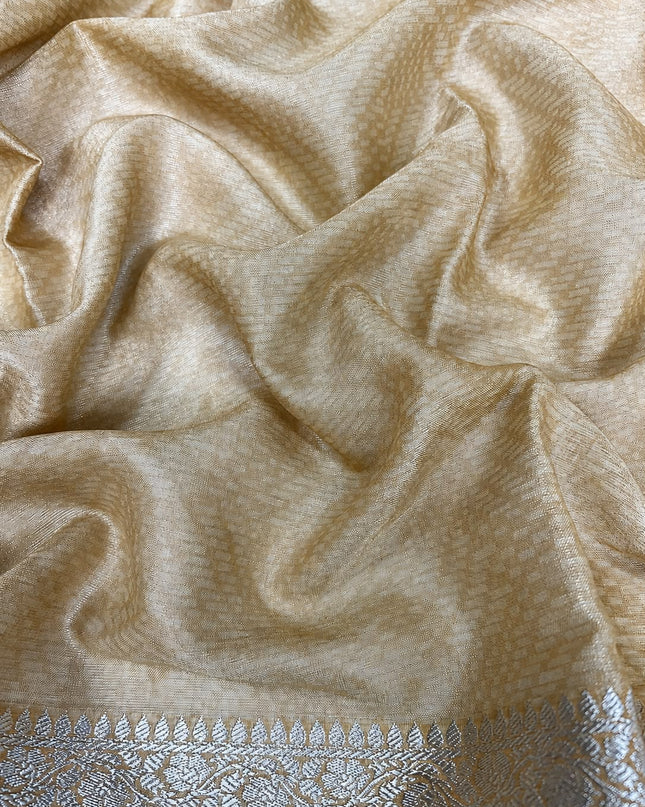 Mul Tissue Saree With Floral Print Small Kanchi Border- White & Mustard
