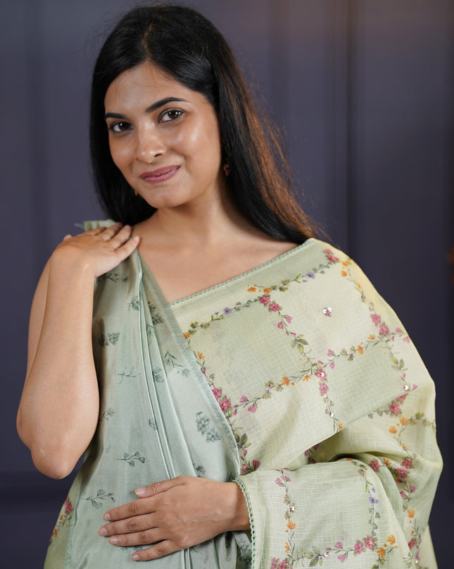 Kota Silk Saree with Floral Print and Knot Work- Pista Green