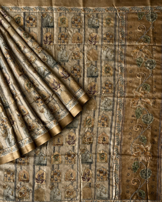 Tusser Silk Saree With Floral Print and Contrast Border - Tan