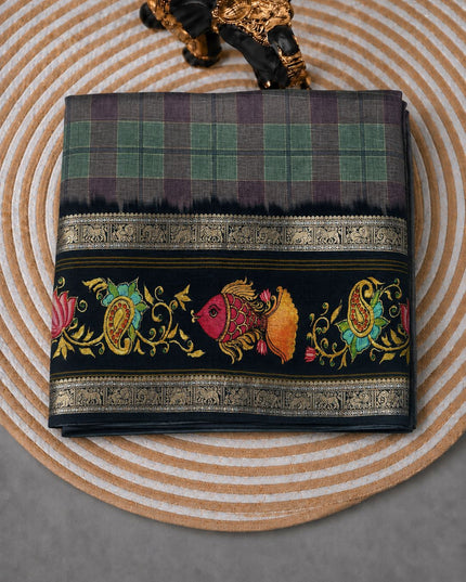 Tusser Silk Saree With Tanjore painting Border - Multi
