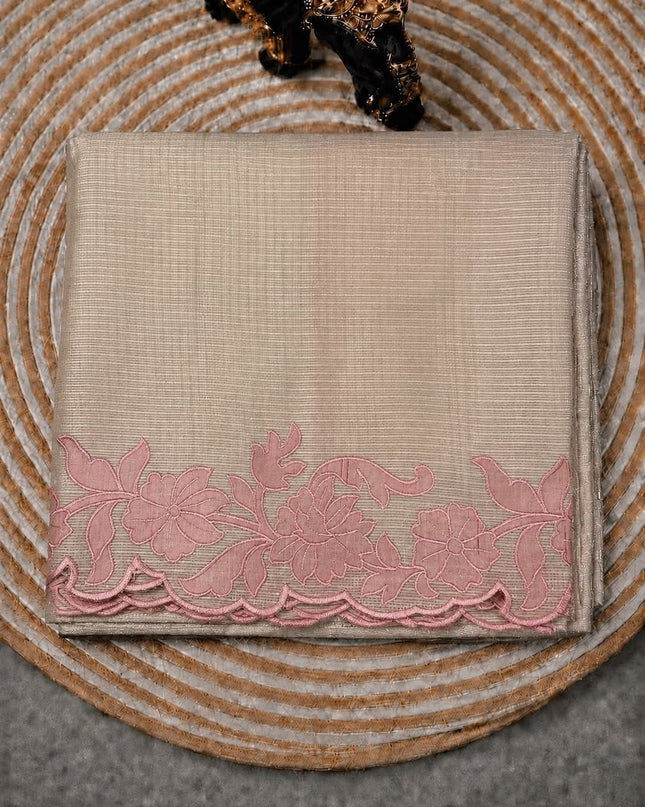 Kota Silk Saree with Contrast  Thread Embroidery Cut Work Border  - Beige & Pink