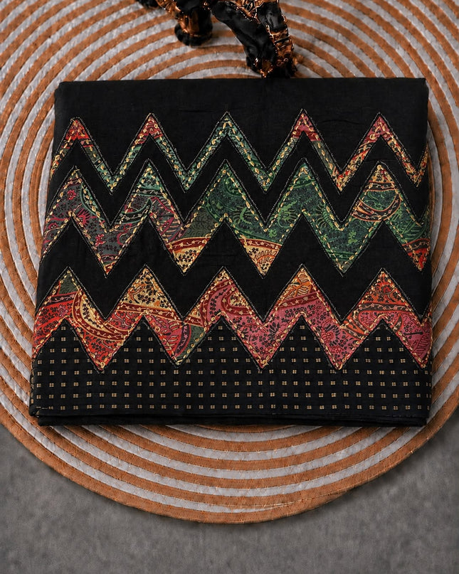 Tusser Saree with  Zig Zag Kantha Work - Black