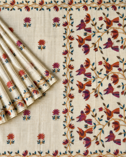 Jamdani saree with Allover Floral Design with Tassels -  Cream