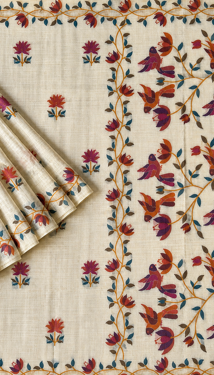 Jamdani saree with Allover Floral Design with Tassels -  Cream