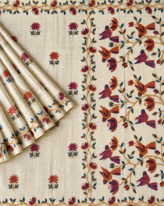 Jamdani saree with Allover Floral Design with Tassels -  Cream