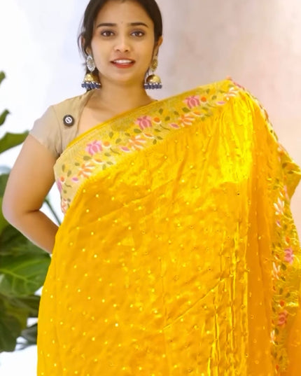 Soft Velvet Sarees With thread Embroidery Border - Mustard